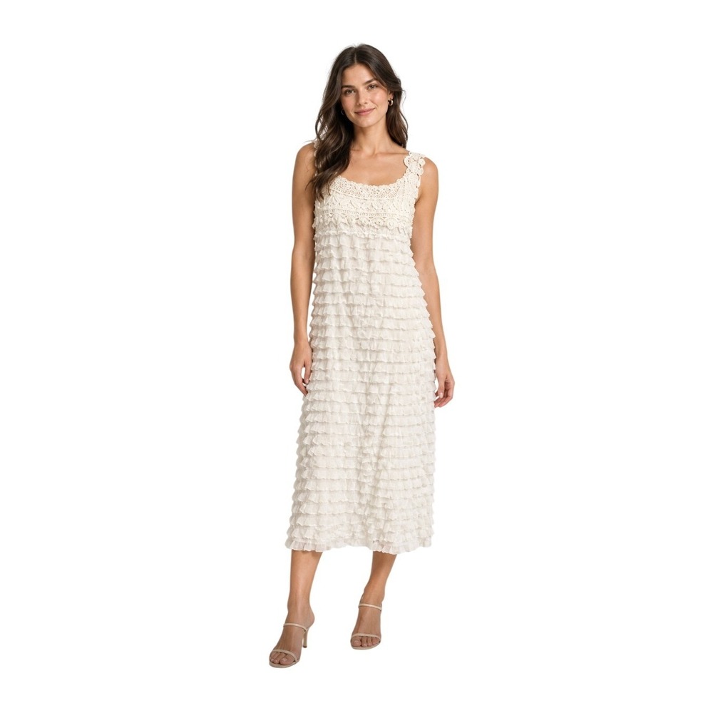 Signature Robbie Bee Tiered Ruffled Cocktail Dress Ivory Chiffon Midi Sleeveless